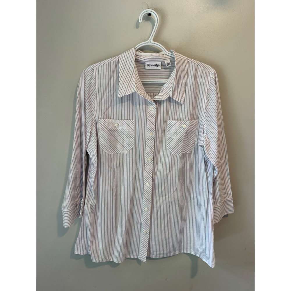 St‎ Johns Bay Womens Pink Grey Striped Button Down 3/4 Sleeve Shirt Large